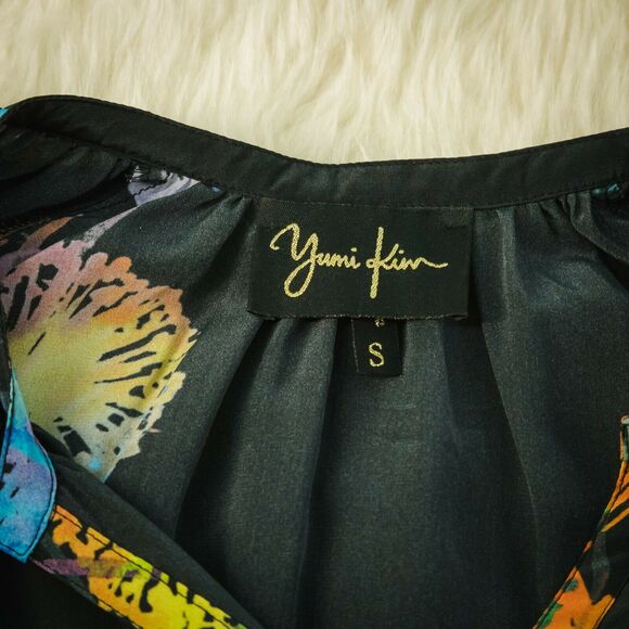 Yumi Kim S Silk Black Floral Print 3/4 Sleeve Top - Picture 3 of 5